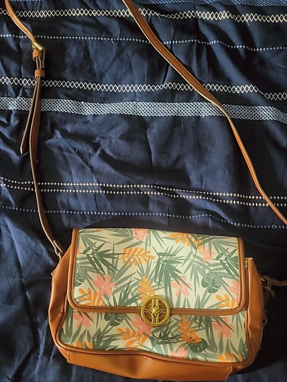 Fossil Tan Crossbody Bag with Green and Peach Floral Panel